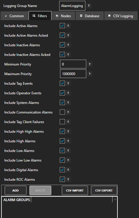 Configure alarm filters tab