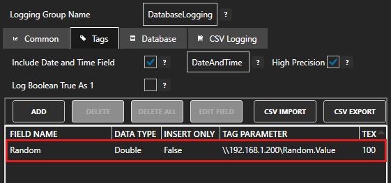 Configure data logging tags tab