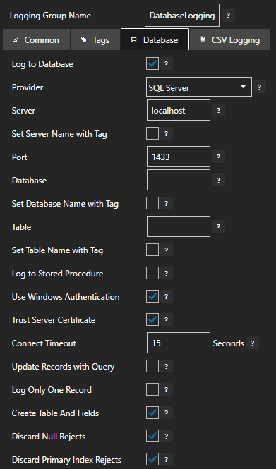 Configure data logging database tab