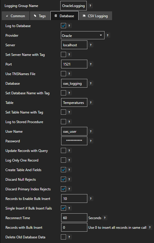 Configure data logging database tab