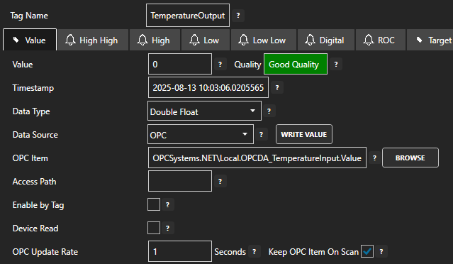 OPC DA tag configuration